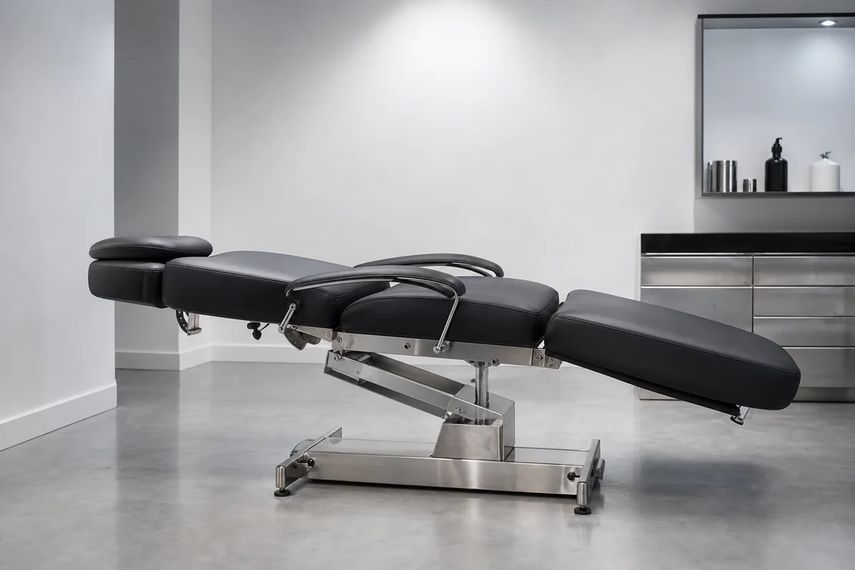 Fauteuil de studio de piercing incliné en position allongée dans une pièce claire