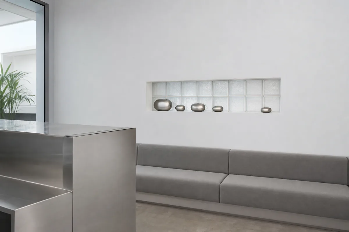 Banquette grise et console en inox mat dans un studio de piercing éclairé doucement