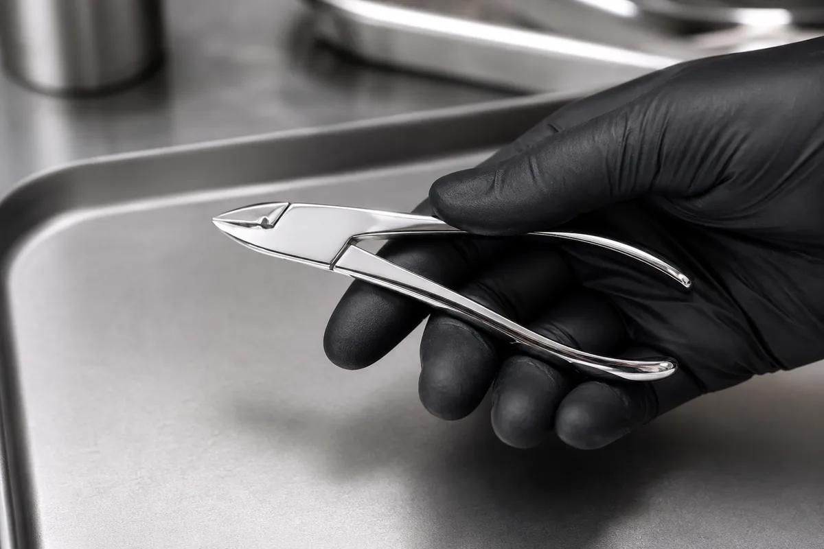 Main gantée de nitrile noir tenant une pince en acier poli au-dessus du plateau en inox