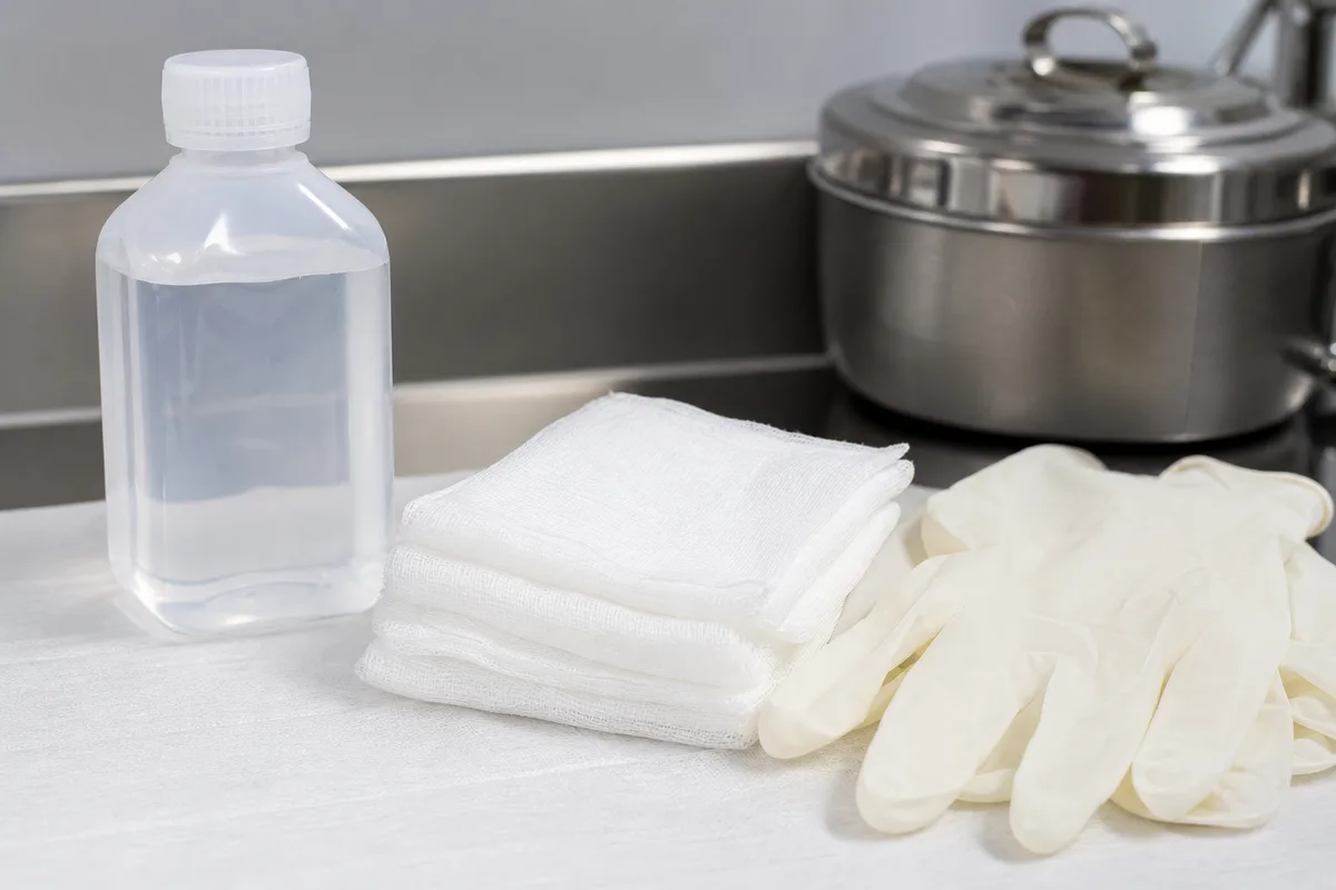 Flacon de sérum physiologique, compresses stériles et gants posés sur un plan de travail clair