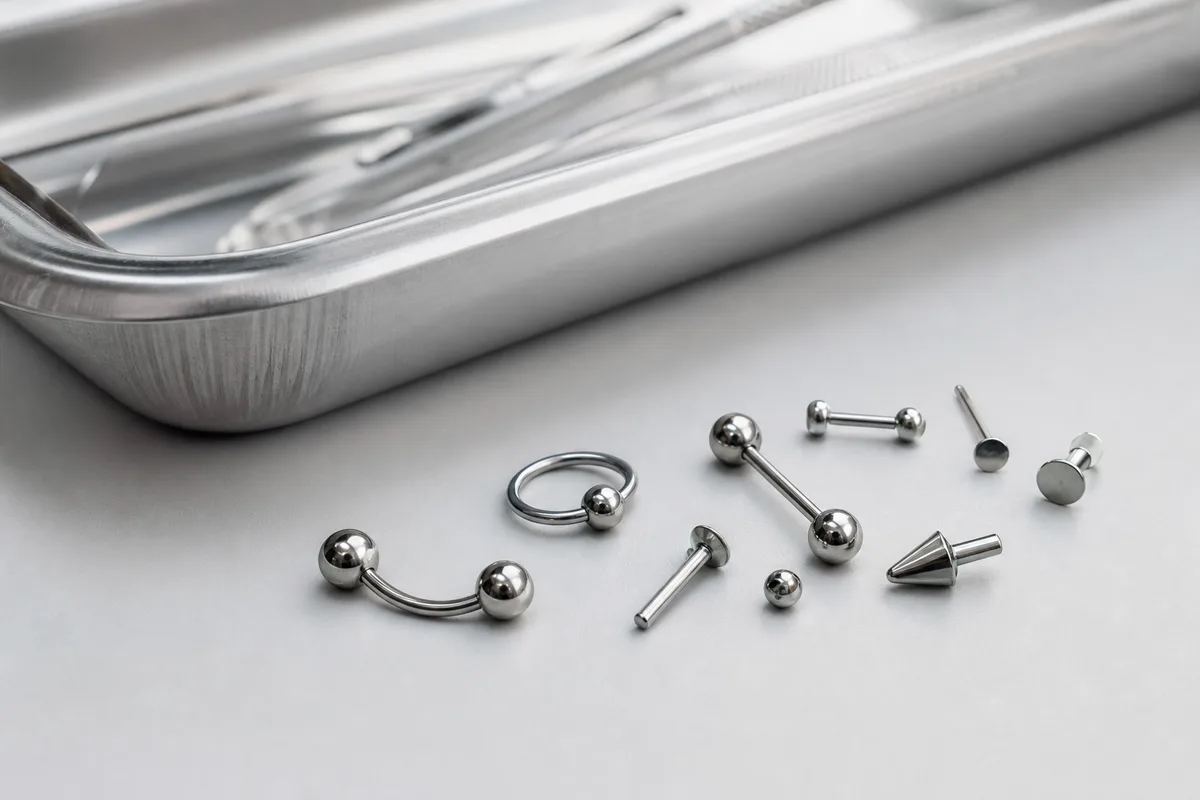 Bijoux en titane posés sur un fond neutre à côté d’un plateau métallique stérile