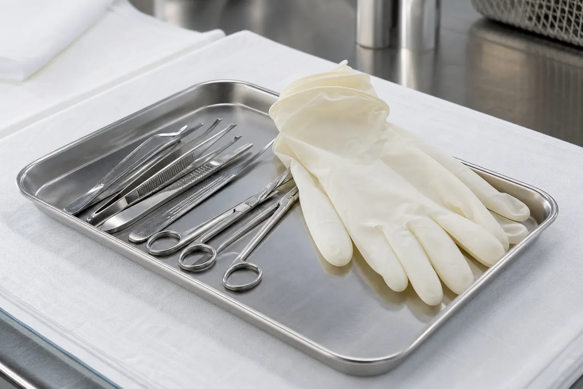 Plateau d&rsquo;instruments stériles et gants déposés sur un linge propre sous une lumière neutre