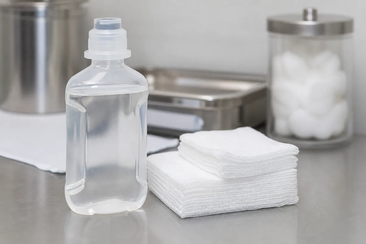 Flacon de sérum physiologique et compresses stériles posés sur une surface claire et neutre