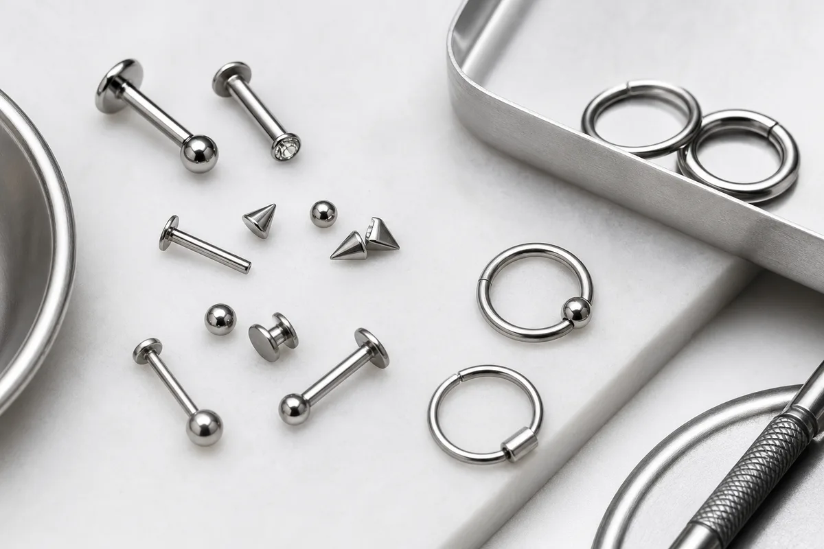 Bijoux de piercing en titane et anneaux disposés sur un fond neutre clair