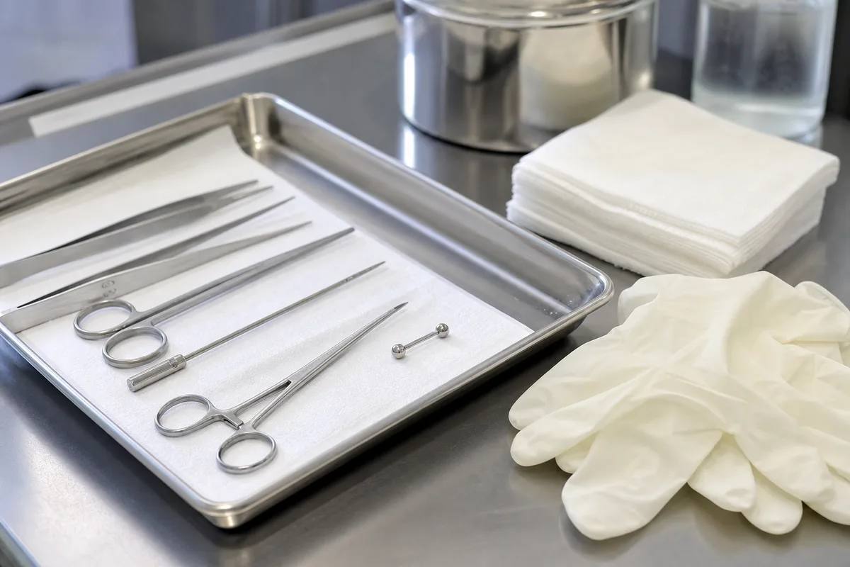 Plateau d&rsquo;instruments stériles et gants posés à côté de compresses sur une surface propre
