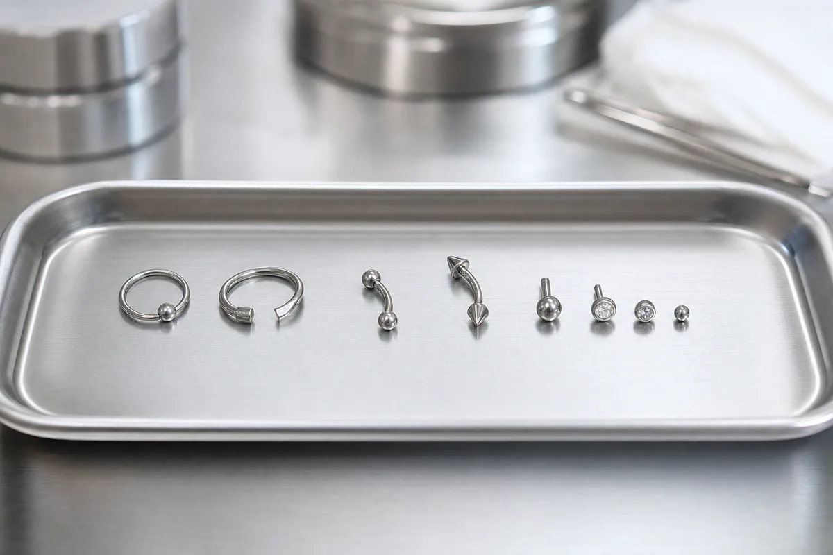 Bijoux de piercing en titane alignés sur un plateau métallique stérile sous une lumière neutre
