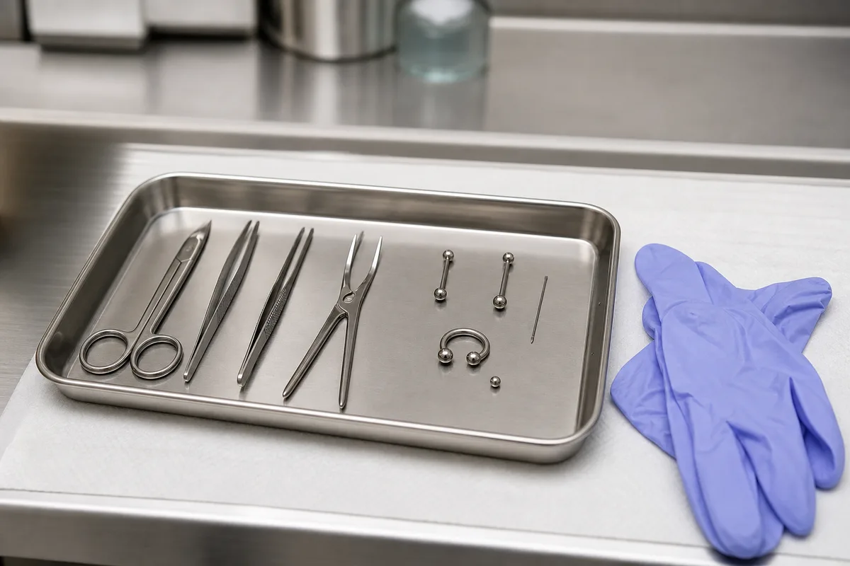 Plateau d&rsquo;instruments stériles et gants posés sur un linge propre dans une lumière neutre