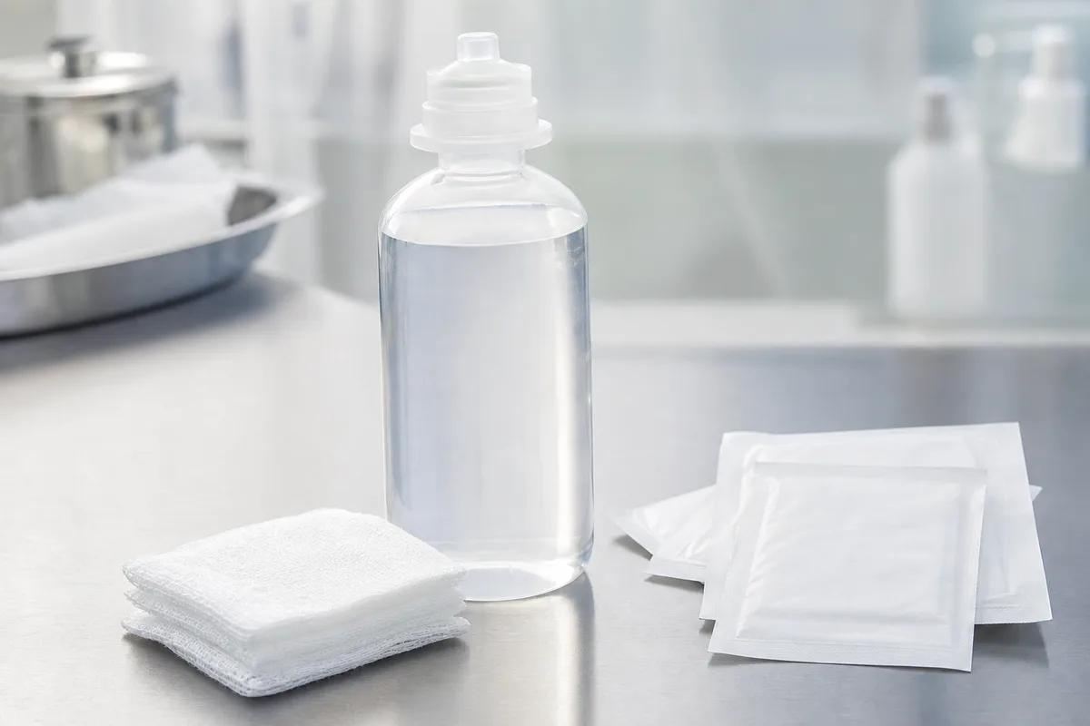 Flacon de sérum physiologique et compresses stériles posés sur un plan de travail clair et neutre
