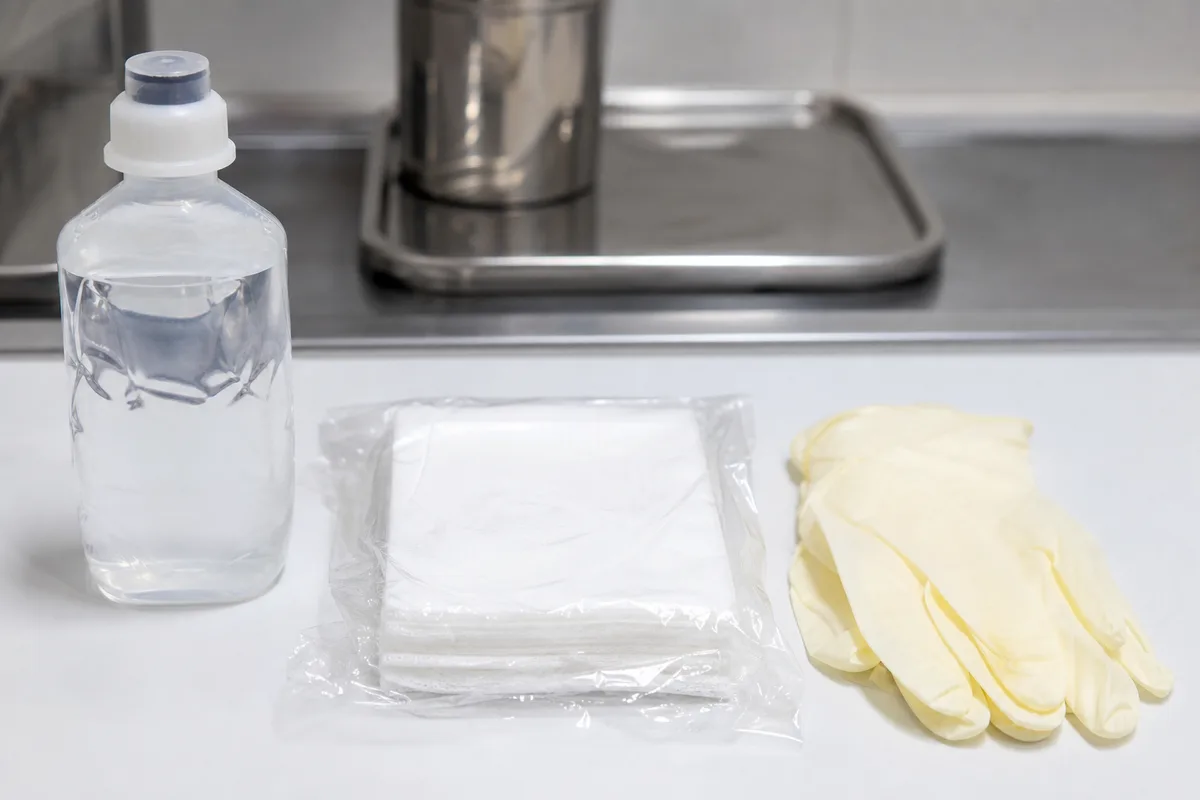 Flacon de sérum physiologique, compresses stériles et gants alignés sur un plan de travail clair