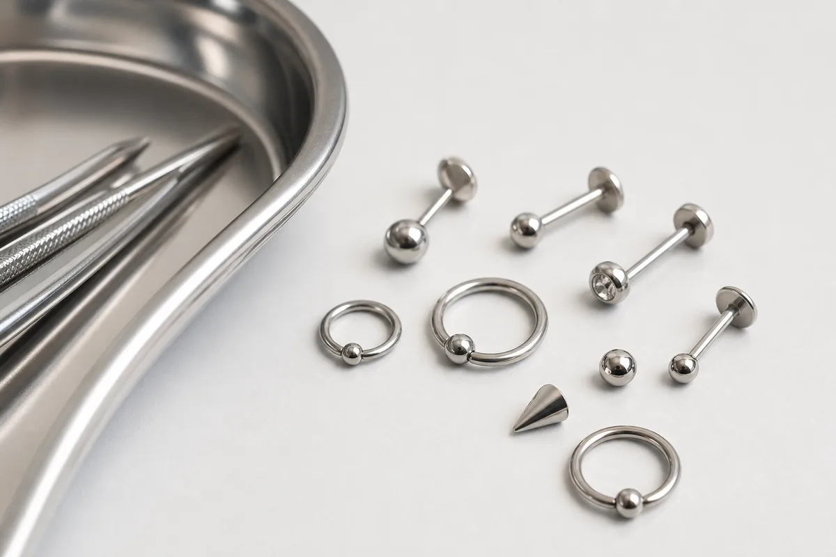 Bijoux en titane posés sur un fond neutre à côté d’un plateau métallique stérile