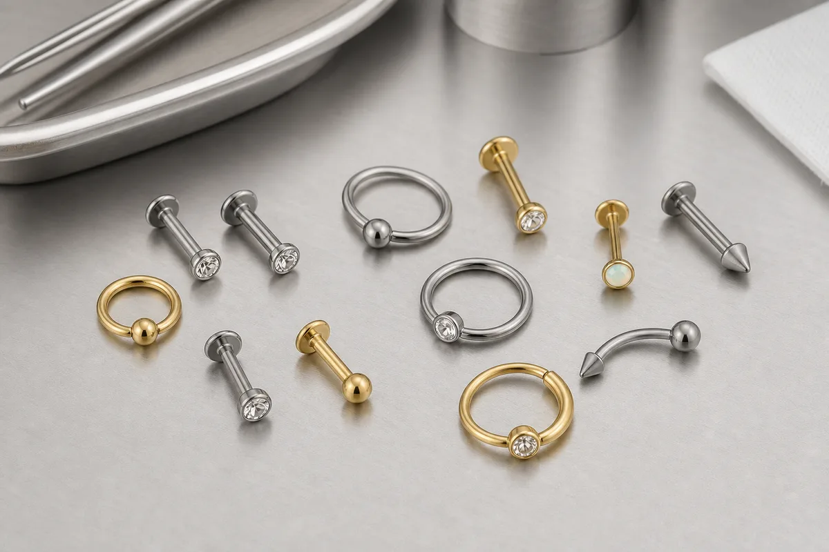 Bijoux de piercing en titane et en or alignés sur un fond neutre sous une lumière douce