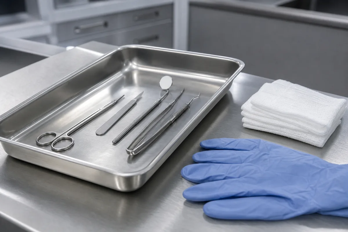 Plateau d&rsquo;instruments stériles et gants posés à côté de compresses sur une surface propre